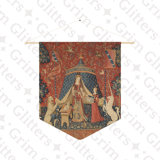 Add a touch of medieval magic to your decor with The Lady and the Unicorn (Desire) Pennant Banner from Grim Glitters. This beautiful banner, inspired by the iconic Unicorn Tapestries, brings historical charm and fantasy allure to any space.