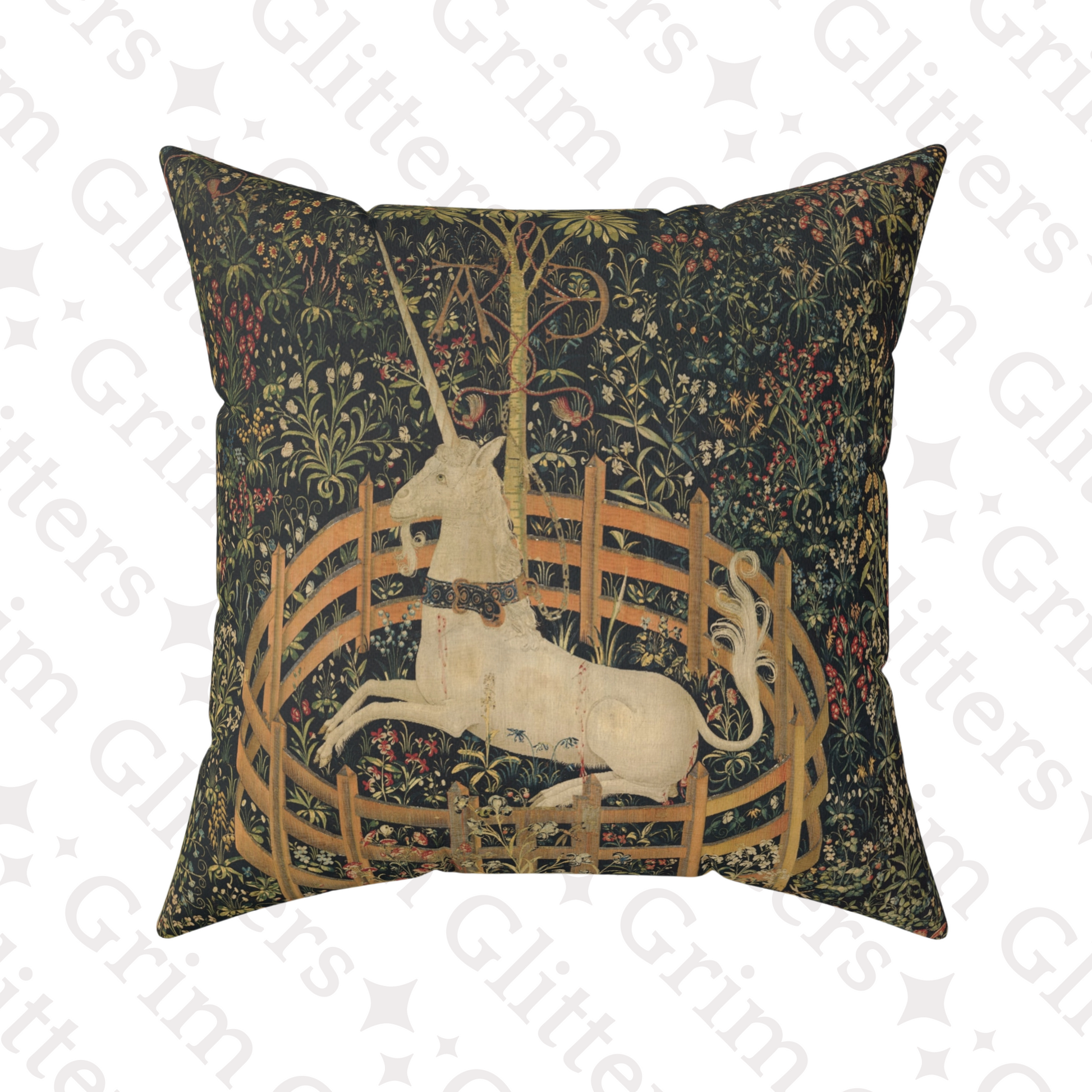 Add medieval charm to your decor with the Unicorn in Captivity Square Pillow from Grim Glitters. This enchanting pillow offers elegance and comfort.