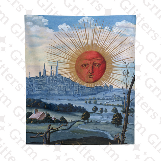 Unveil the mysteries of alchemy with the Splendor Solis Tapestry - A Red Sun Rises from Grim Glitters. This high-quality tapestry captures the vibrant red sun and intricate details of Salomon Trismosin's medieval artwork, adding esoteric elegance to any s