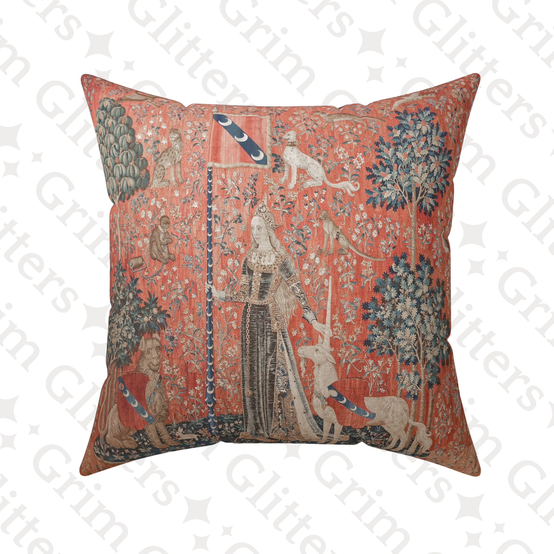 Embrace medieval elegance with The Lady and the Unicorn (Touch) Square Pillow from Grim Glitters. Inspired by the iconic Unicorn Tapestry, this captivating pillow brings historical charm and mystical beauty to any room. Perfect for art lovers and those wh