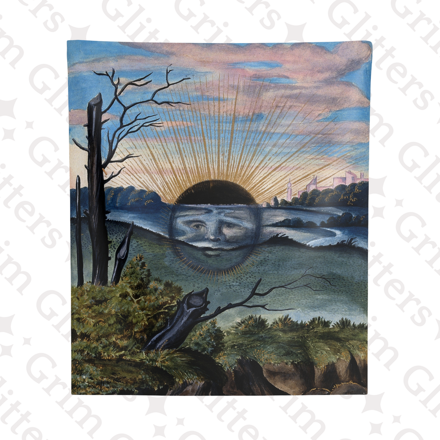 Traverse the enigmatic realms of Salomon Trismosin's "Splendor Solis" with the A Black Sun Descends Tapestry from Grim Glitters. This meticulously crafted reproduction captures the intricate details and esoteric symbolism of the original alchemical artwor