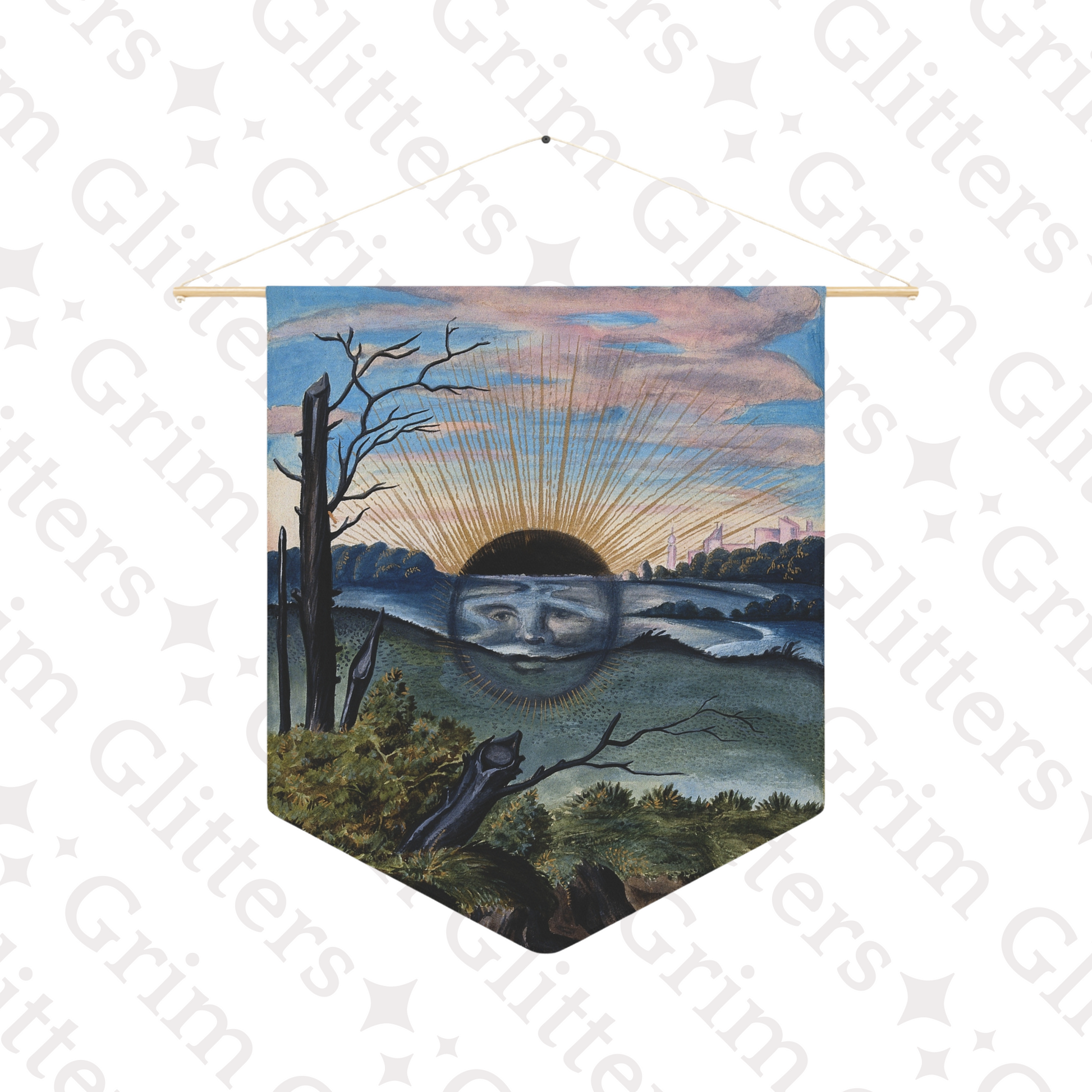 Add a touch of mysticism to your decor with the Splendor Solis Pennant Banner from Grim Glitters. Featuring the captivating scene of a black sun descending from the iconic Splendor Solis manuscript, this banner is perfect for those interested in alchemy a