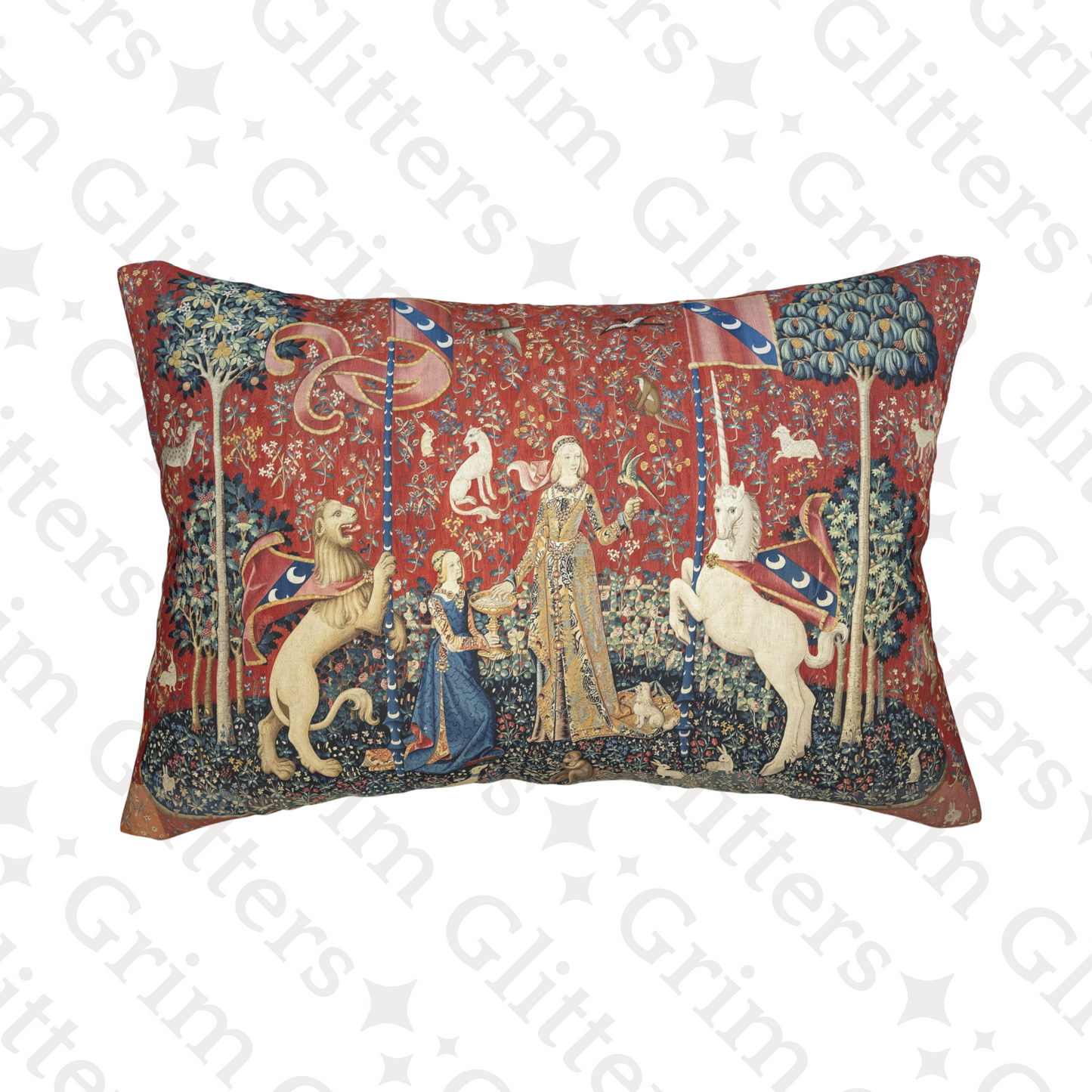 Elevate your home decor with the enchanting beauty of The Lady and the Unicorn (Taste) Lumbar Pillow from Grim Glitters. Inspired by the iconic Unicorn Tapestry, this captivating pillow combines historical charm and modern comfort.