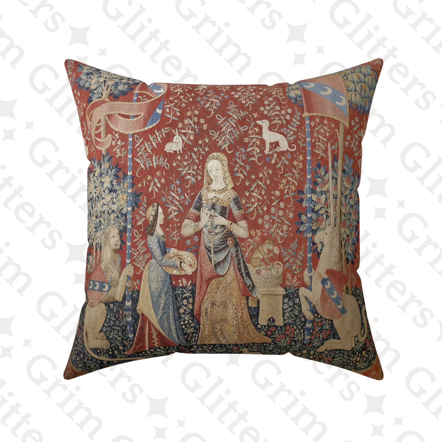 Elevate your home decor with the enchanting Lady and the Unicorn (Smell) Square Pillow from Grim Glitters. Inspired by the iconic Unicorn Tapestry, this pillow brings historical charm and mystical allure to any room, combining detailed medieval art with m