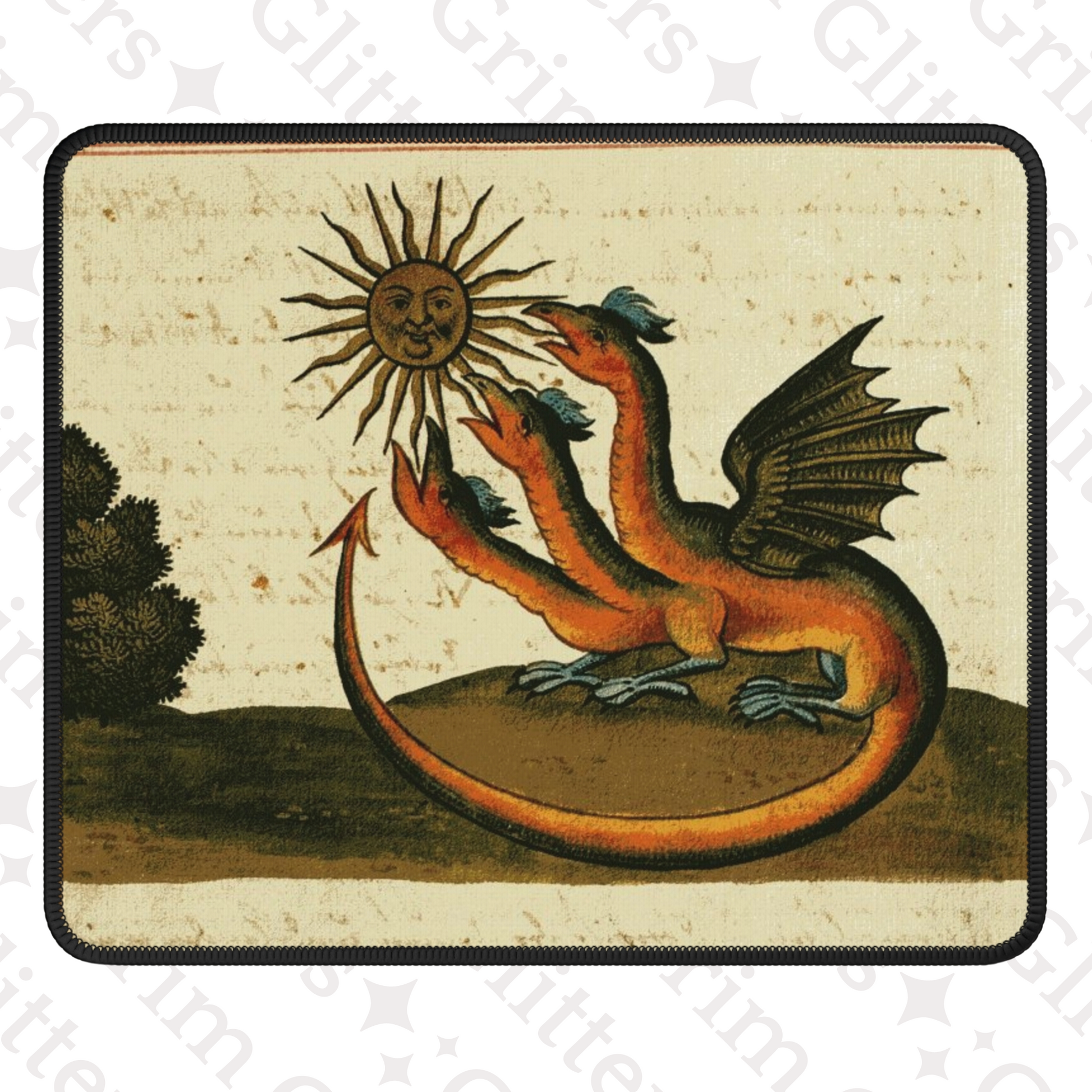 Enhance your gaming setup with the mystical Three-Headed Dragon Gaming Mouse Pad from Grim Glitters. Inspired by the Clavis Artis manuscript, this mouse pad features a captivating three-headed dragon design, blending alchemical symbolism with modern funct