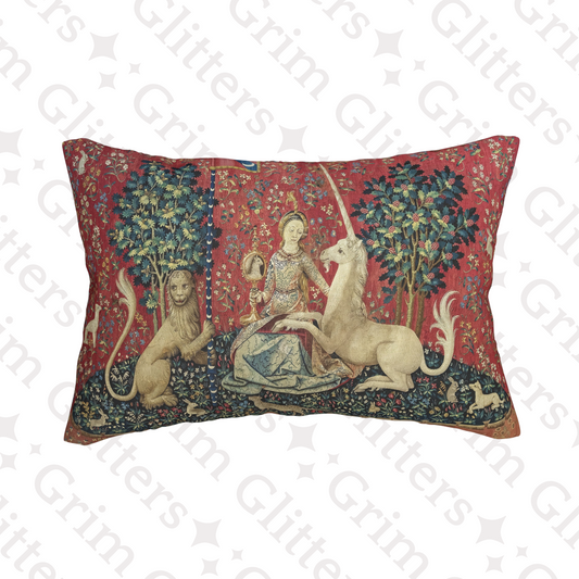 Elevate your home decor with The Lady and the Unicorn (Sight) Lumbar Pillow from Grim Glitters. Inspired by the iconic Unicorn Tapestry, this pillow combines historical charm with modern comfort, featuring eco-friendly materials and intricate medieval art