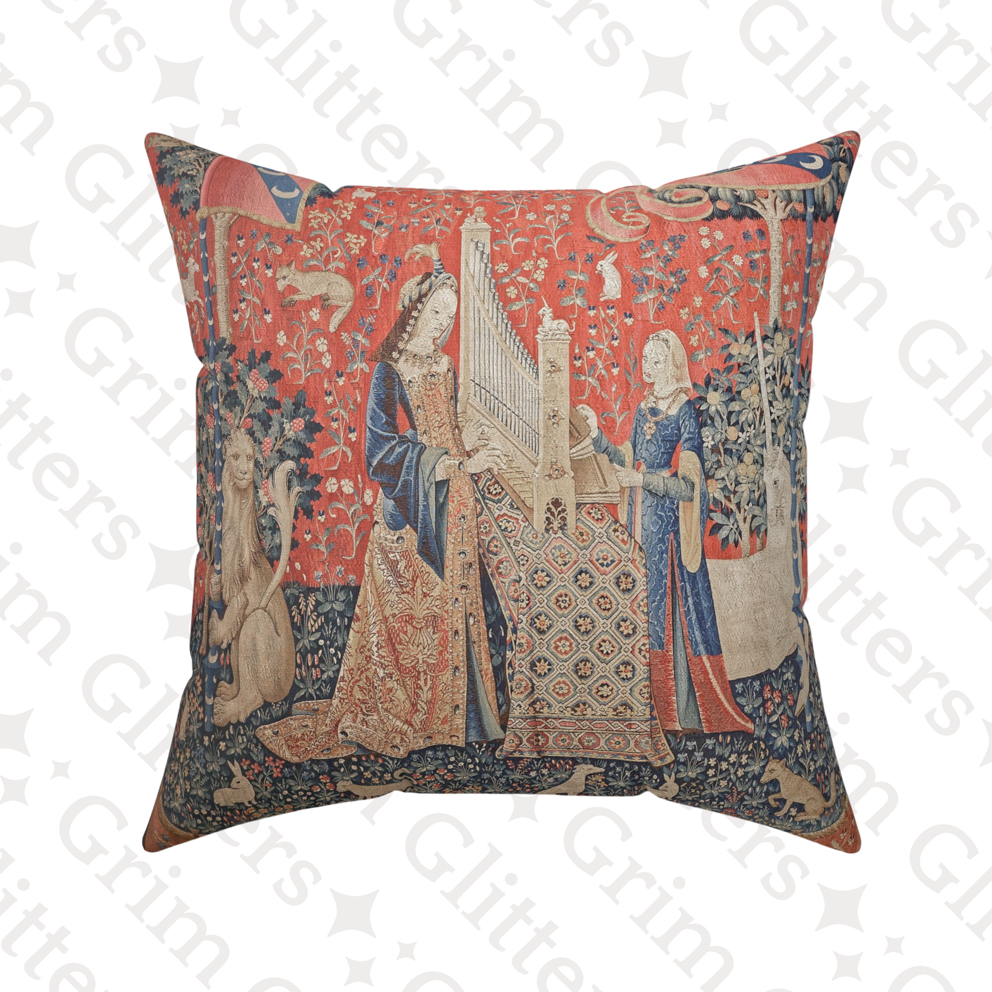 Elevate your decor with the enchanting Lady and the Unicorn (Hearing) Square Pillow from Grim Glitters. Inspired by the iconic Unicorn Tapestry, this pillow brings historical charm and mystical allure to any room. Crafted from eco-friendly materials for p