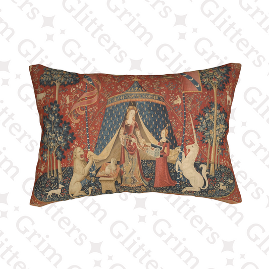 Elevate your home decor with the enchanting Lady and the Unicorn (Desire) Lumbar Pillow from Grim Glitters. Inspired by the iconic Unicorn Tapestry, this pillow brings historical charm and mystical allure to any room, crafted from eco-friendly materials f