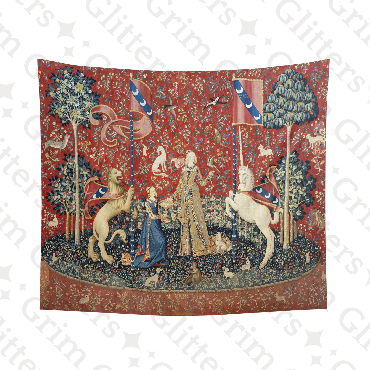 Enhance your space with The Lady and the Unicorn (Taste) Tapestry. This piece brings medieval elegance and charm, perfect for adding a touch of magic.