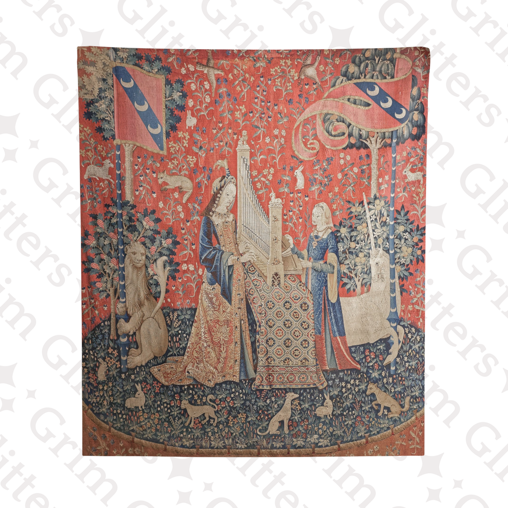 Elevate your decor with The Lady and the Unicorn (Hearing) Tapestry. This exquisite piece captures medieval magic and historical charm, perfect for any living space.