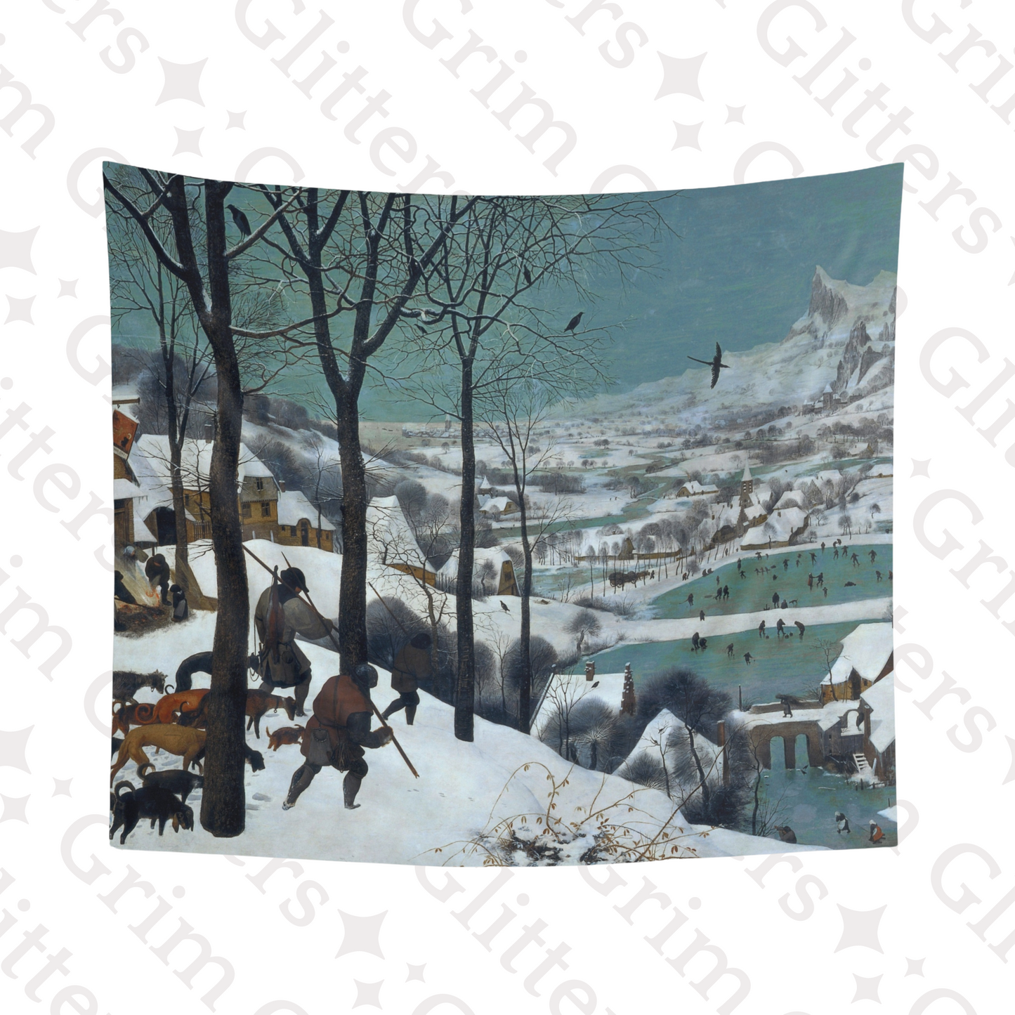 Immerse yourself in Pieter Bruegel the Elder's winter masterpiece with the Hunters in the Snow Tapestry from Grim Glitters. This high-quality polyester tapestry captures the serene beauty of a rustic winter landscape, adding timeless charm to your home de