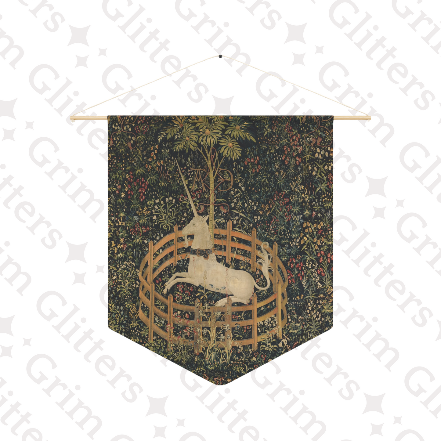 Add a touch of medieval charm to your home with the Unicorn in Captivity Pennant Banner from Grim Glitters. This banner brings magical allure to any space.