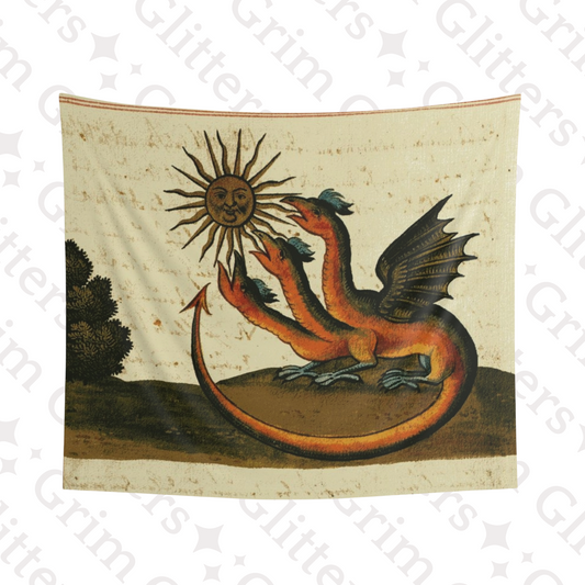 Transform your living space with the mystical charm of the Three-Headed Dragon Tapestry from Grim Glitters. Inspired by the Clavis Artis manuscript, this tapestry features a powerful three-headed dragon, bringing esoteric wisdom and medieval artistry to y