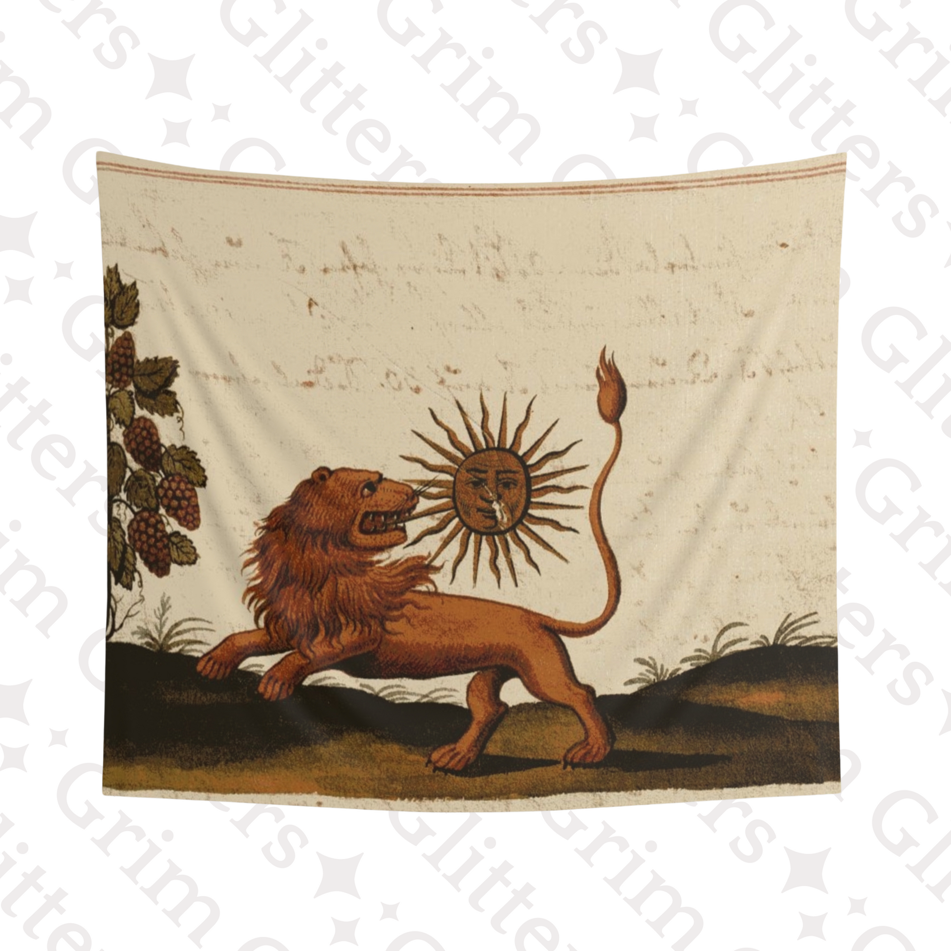 Enhance your space with the mystical Lion Eating the Sun Tapestry from Grim Glitters. Inspired by the Clavis Artis manuscript, this tapestry features a powerful lion devouring the sun, adding esoteric wisdom and medieval artistry to your decor.