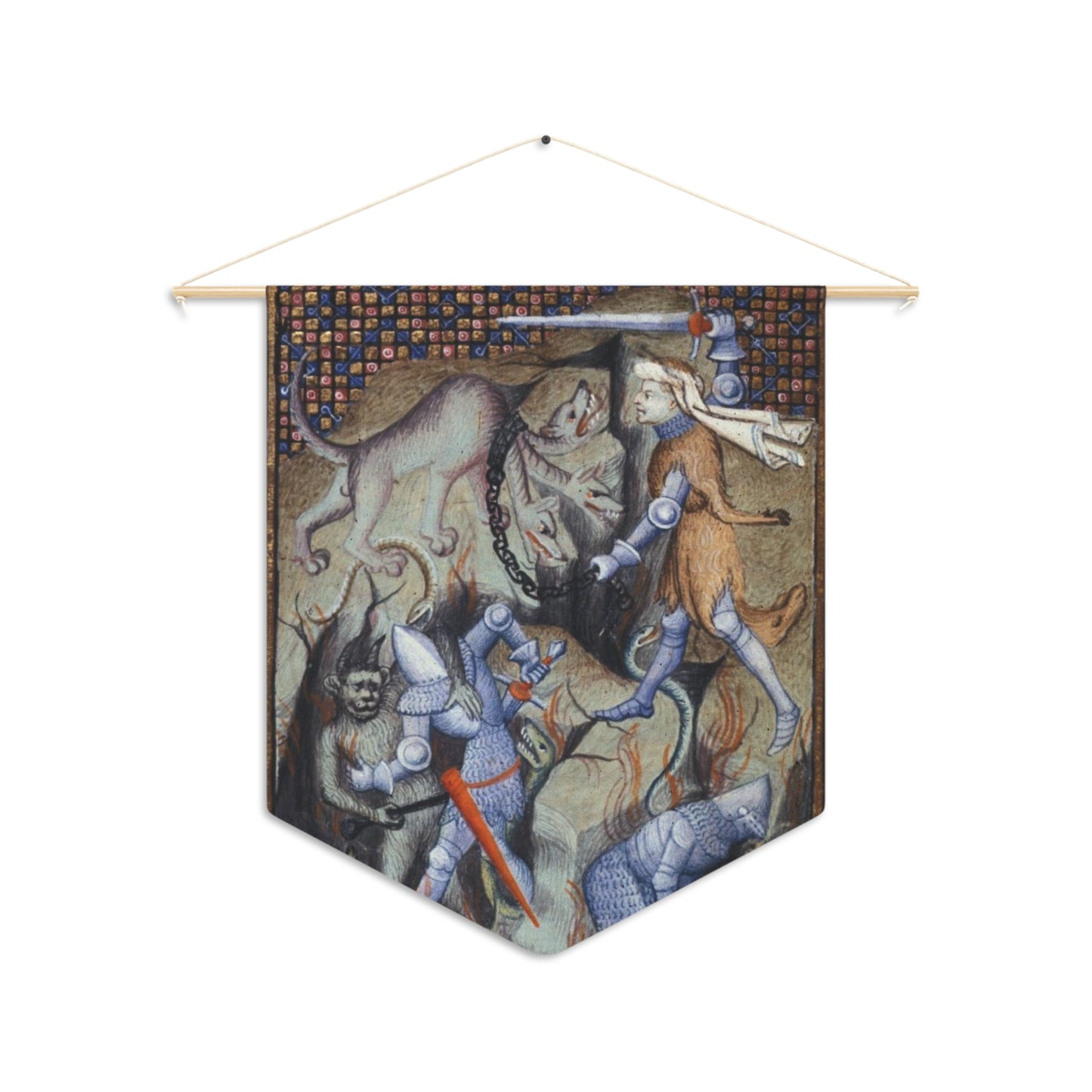 Hercules slaying Cerberus, and Theseus and Pirithous battling demons Pennant Banner - Book of the Queen Manuscript - Medieval French Art