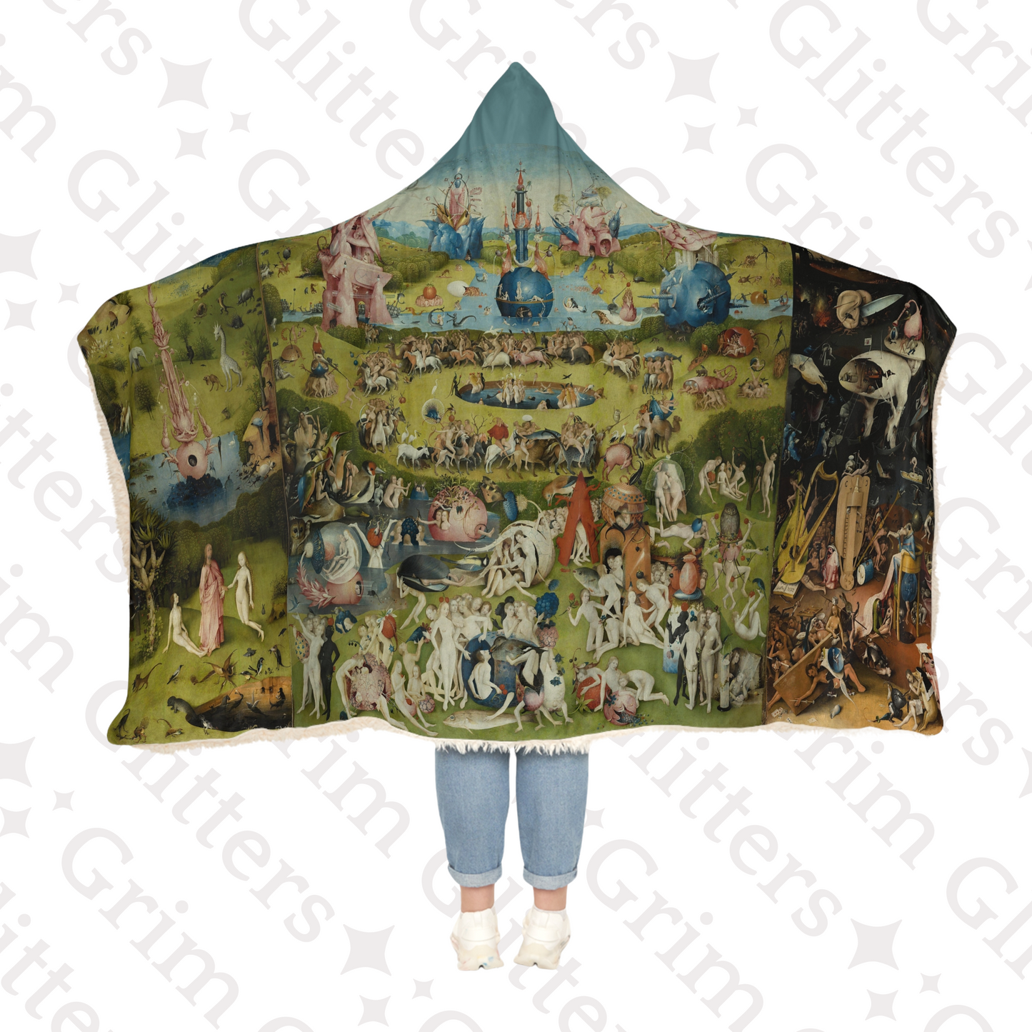 Immerse yourself in Bosch's surreal world with the Triptych Snuggle Cloak. This hooded blanket features the iconic Garden of Earthly Delights triptych.