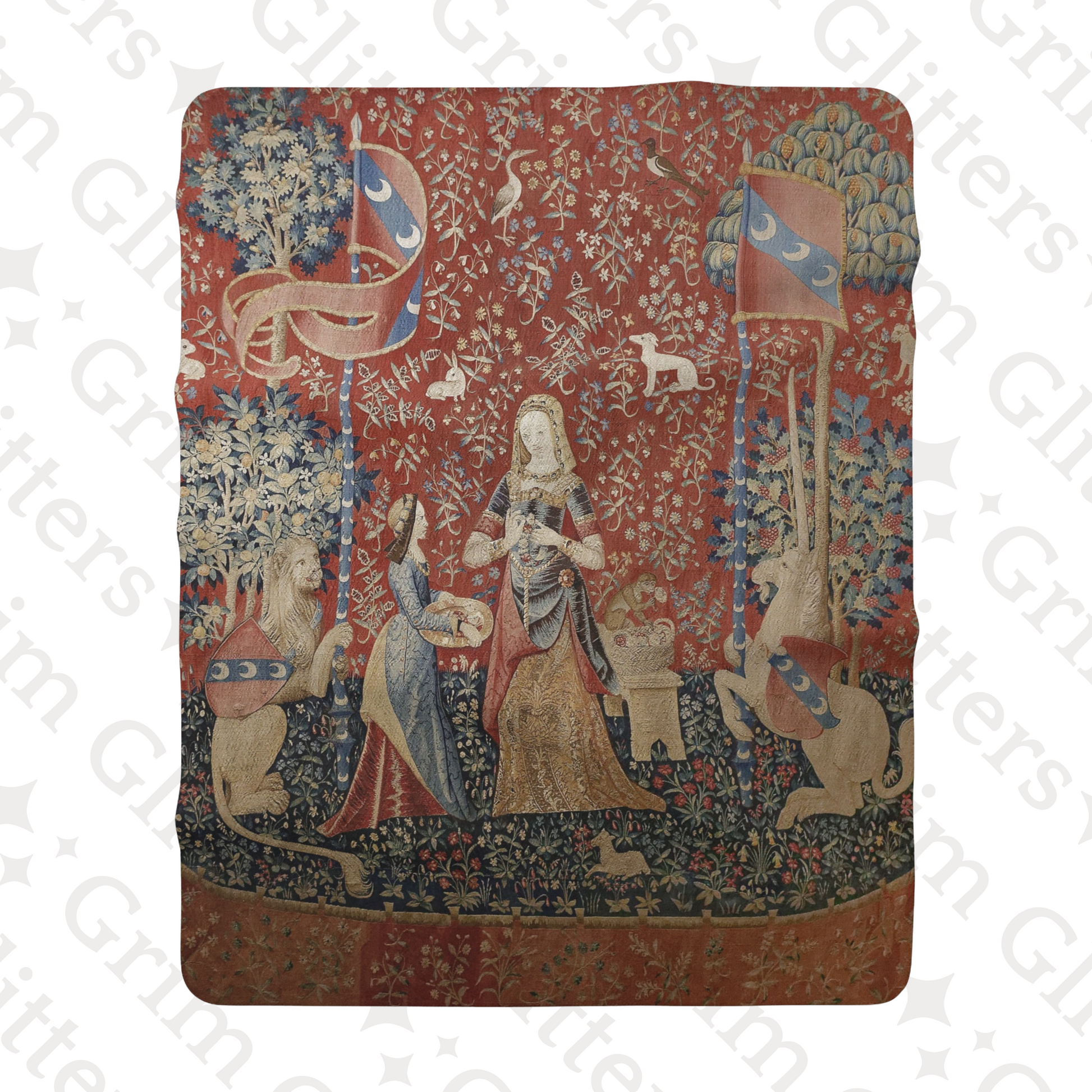 Wrap yourself in the enchanting beauty of medieval artistry with The Lady and the Unicorn (Smell) Sherpa Fleece Blanket from Grim Glitters.