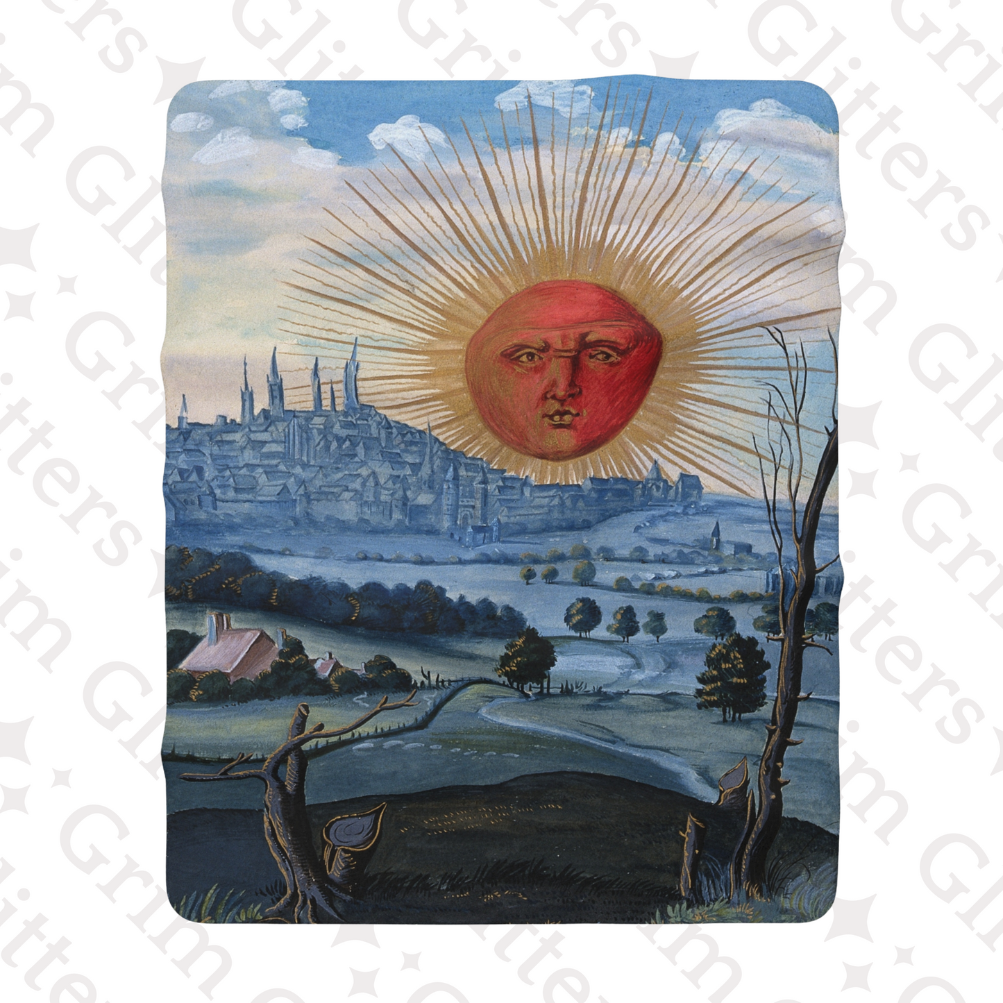 Wrap yourself in the enchantment of the Splendor Solis Sherpa Fleece Blanket from Grim Glitters. Featuring the mystical "A Red Sun Rises" design.