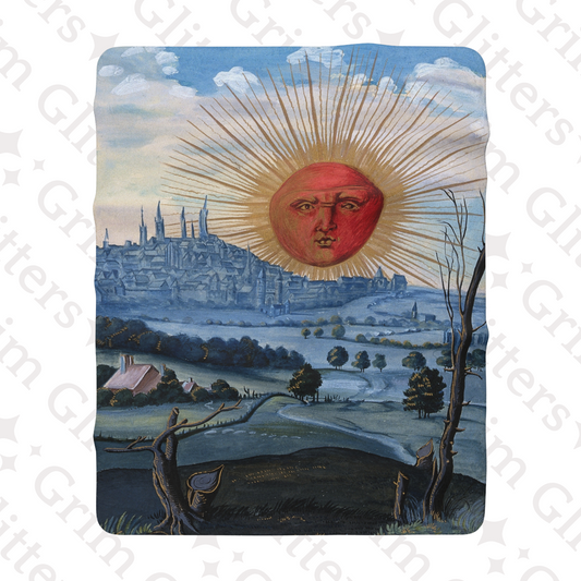 Wrap yourself in the enchantment of the Splendor Solis Sherpa Fleece Blanket from Grim Glitters. Featuring the mystical "A Red Sun Rises" design.