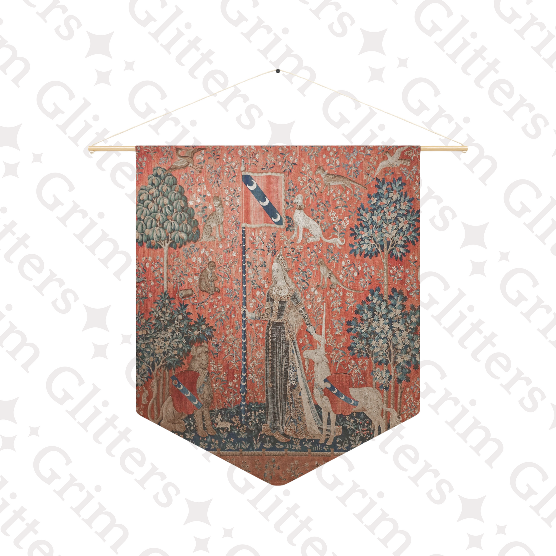 Step into the enchanting world of medieval art with The Lady and the Unicorn (Touch) Pennant Banner from Grim Glitters. This exquisite banner captures the essence of mystery and magic, perfect for adding a touch of historical charm to any space.