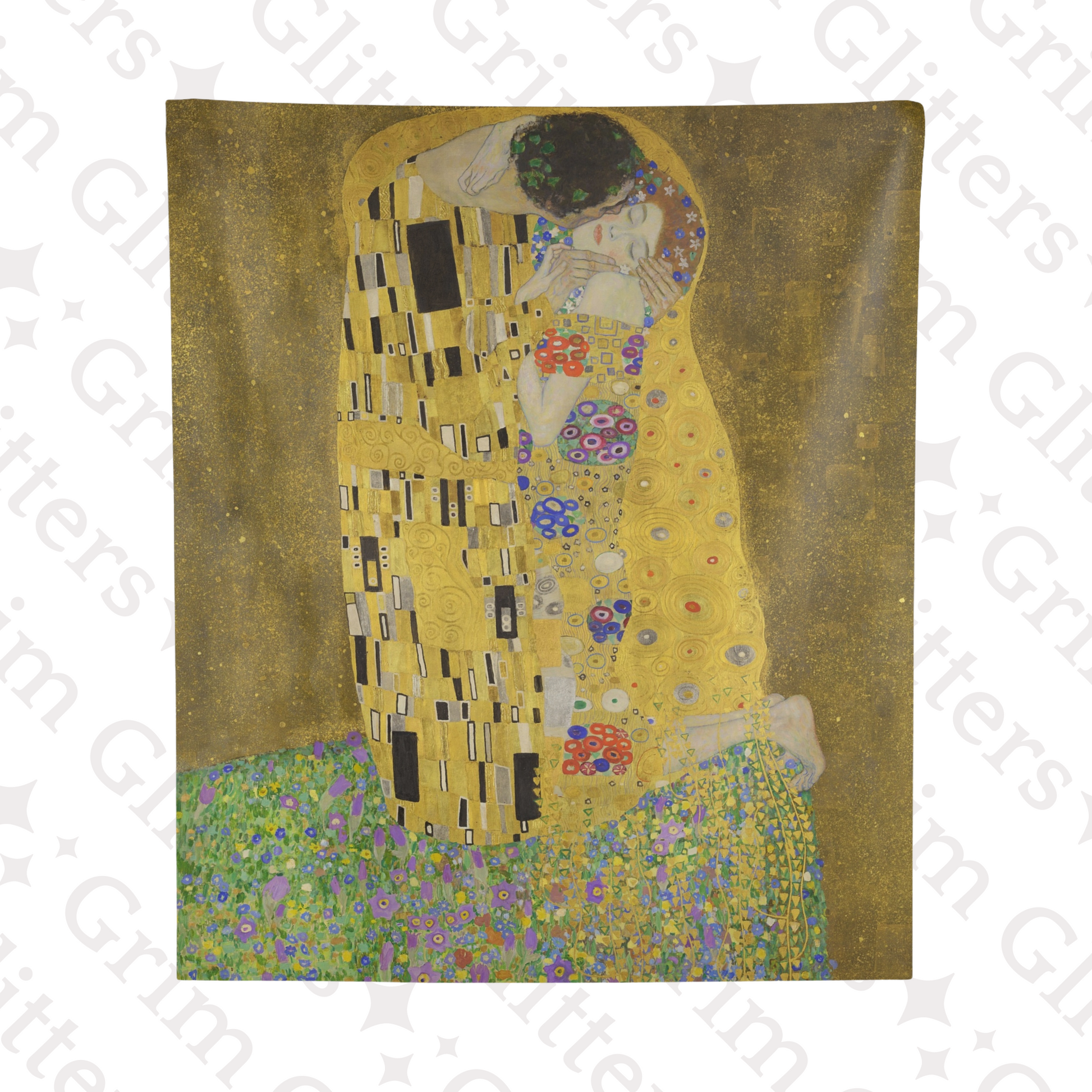 Experience the romantic elegance of Gustav Klimt's "The Kiss" with this exquisite tapestry from Grim Glitters. This high-quality reproduction captures the intricate details and timeless beauty of Klimt's iconic painting, perfect for adding a touch of love