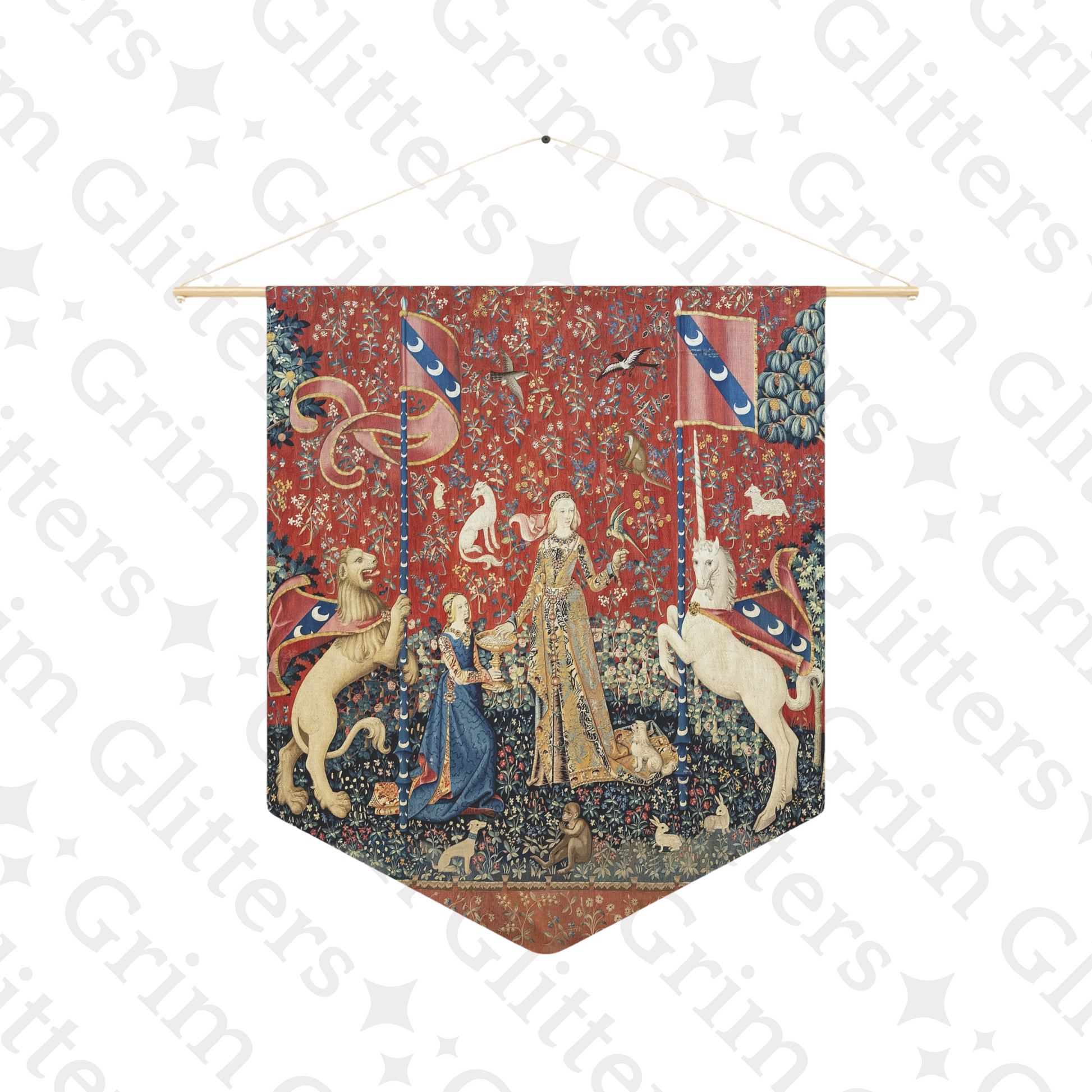 Step into the enchanting world of medieval art with The Lady and the Unicorn (Taste) Pennant Banner from Grim Glitters. This exquisite banner captures the essence of mystery and magic, perfect for adding a touch of historical charm to any space.