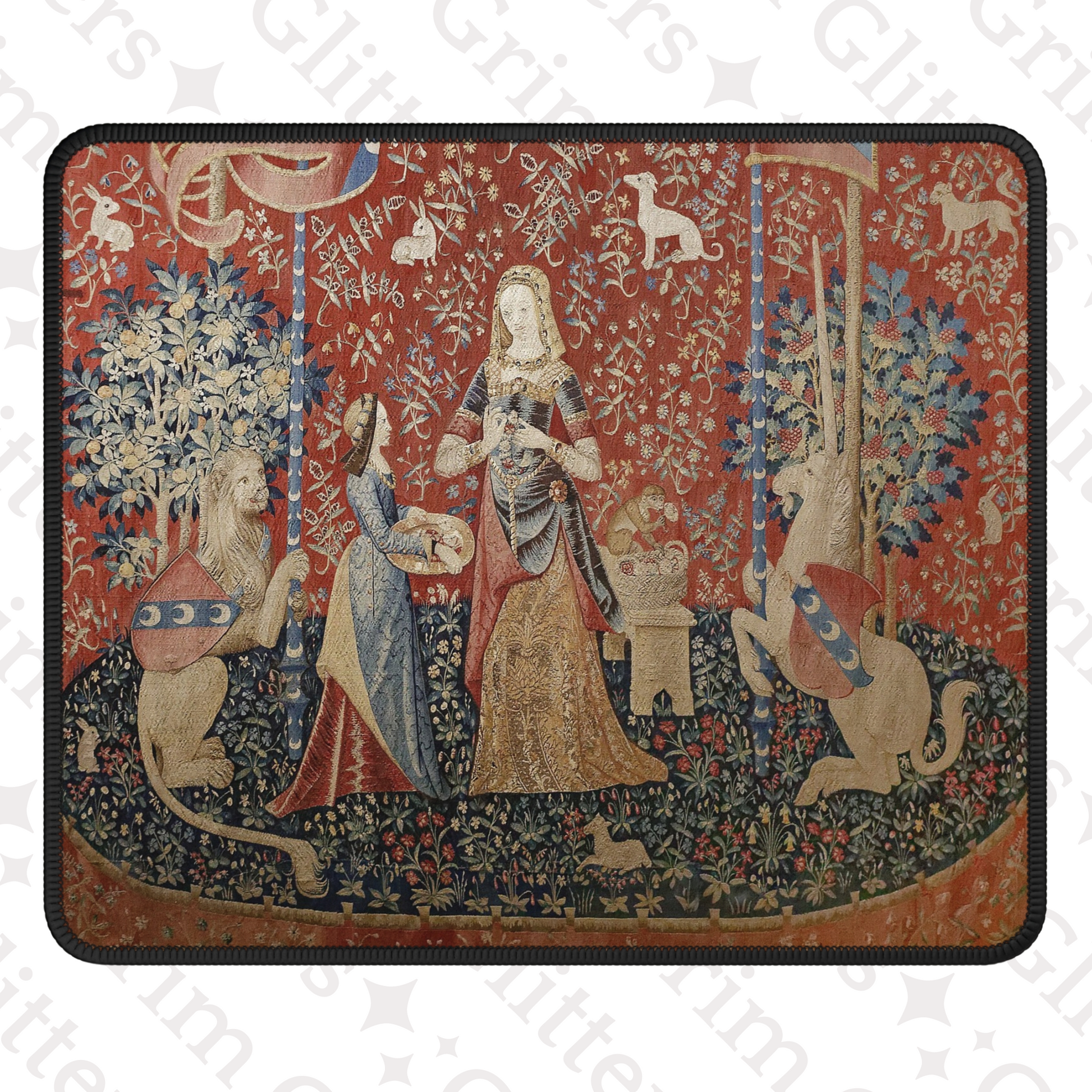 Enhance your gaming experience with the Lady and the Unicorn (Smell) Gaming Mouse Pad from Grim Glitters. Inspired by the iconic medieval tapestry, this mouse pad combines historical charm with modern functionality for a magical addition to any desk.