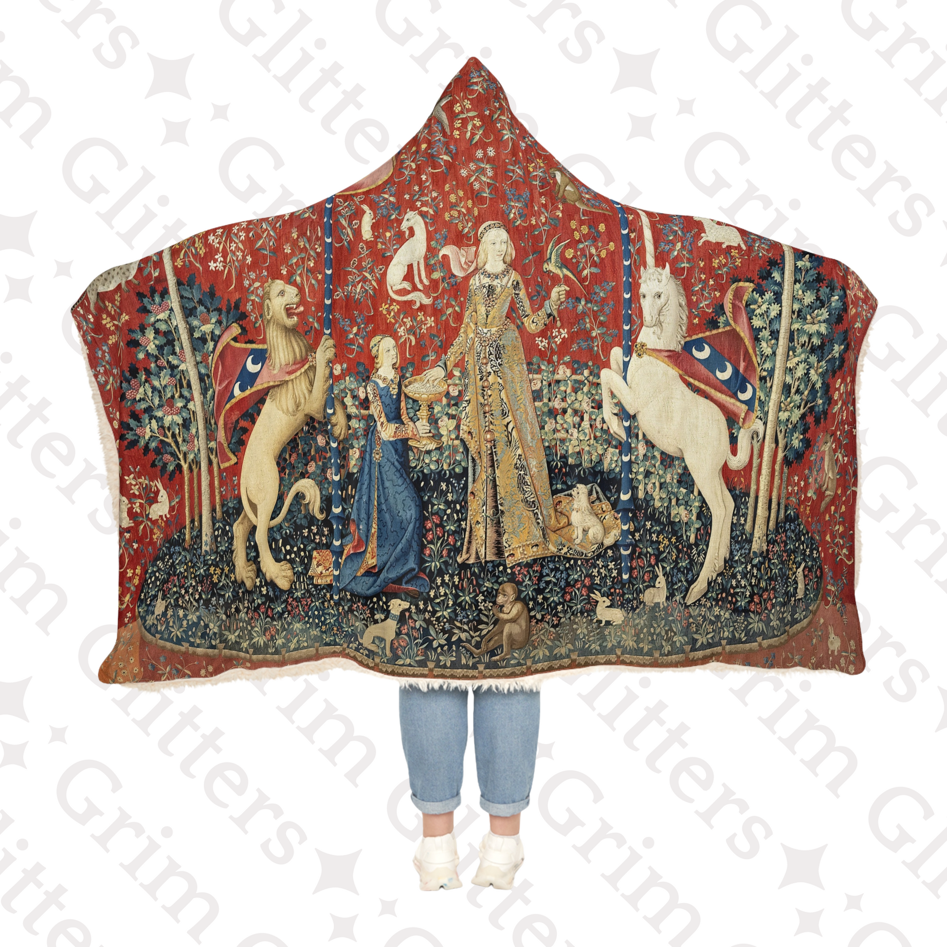 Immerse yourself in medieval elegance with The Lady and the Unicorn (Taste) Snuggle Cloak from Grim Glitters. Inspired by the iconic Unicorn Tapestry,