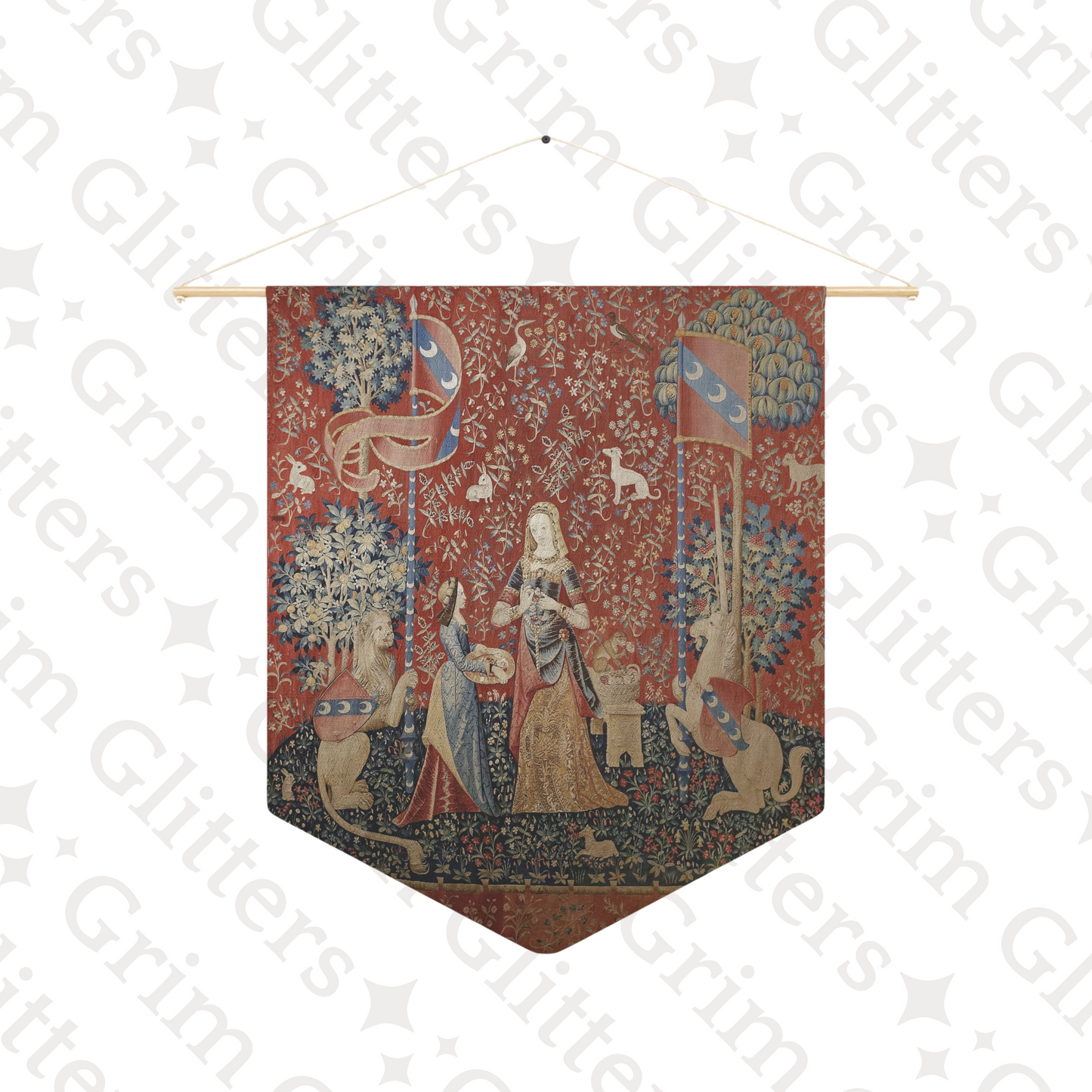 Step into the enchanting world of medieval art with The Lady and the Unicorn (Smell) Pennant Banner from Grim Glitters. This exquisite banner captures the essence of mystery and magic, perfect for adding a touch of historical charm to any space.