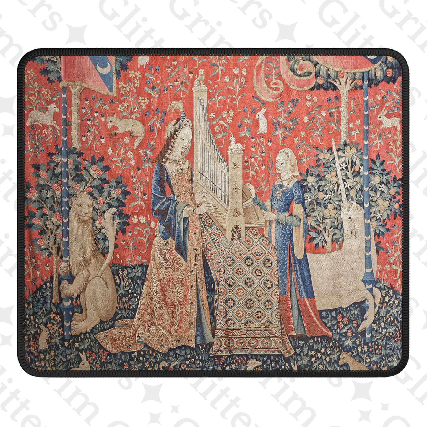 Enhance your gaming experience with the enchanting Lady and the Unicorn (Hearing) Gaming Mouse Pad from Grim Glitters. Inspired by the iconic medieval tapestry, this mouse pad combines historical charm with modern functionality, adding a touch of elegance