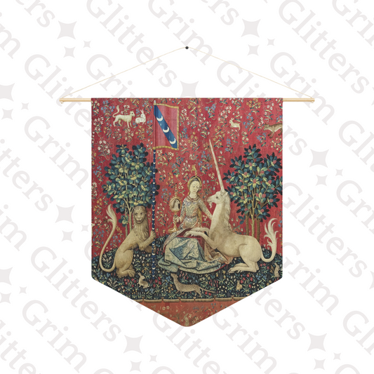 Step into the enchanting world of medieval art with The Lady and the Unicorn (Sight) Pennant Banner from Grim Glitters.