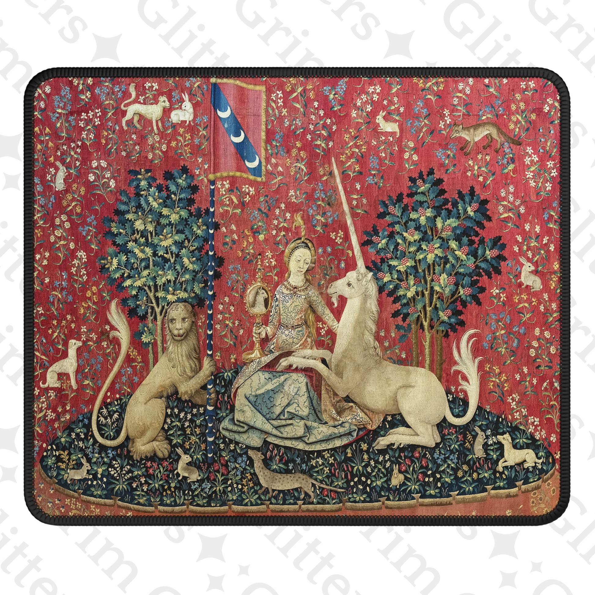 Enhance your gaming experience with the enchanting elegance of The Lady and the Unicorn (Sight) Gaming Mouse Pad from Grim Glitters. Inspired by the iconic medieval tapestry, this mouse pad combines historical charm with modern functionality.