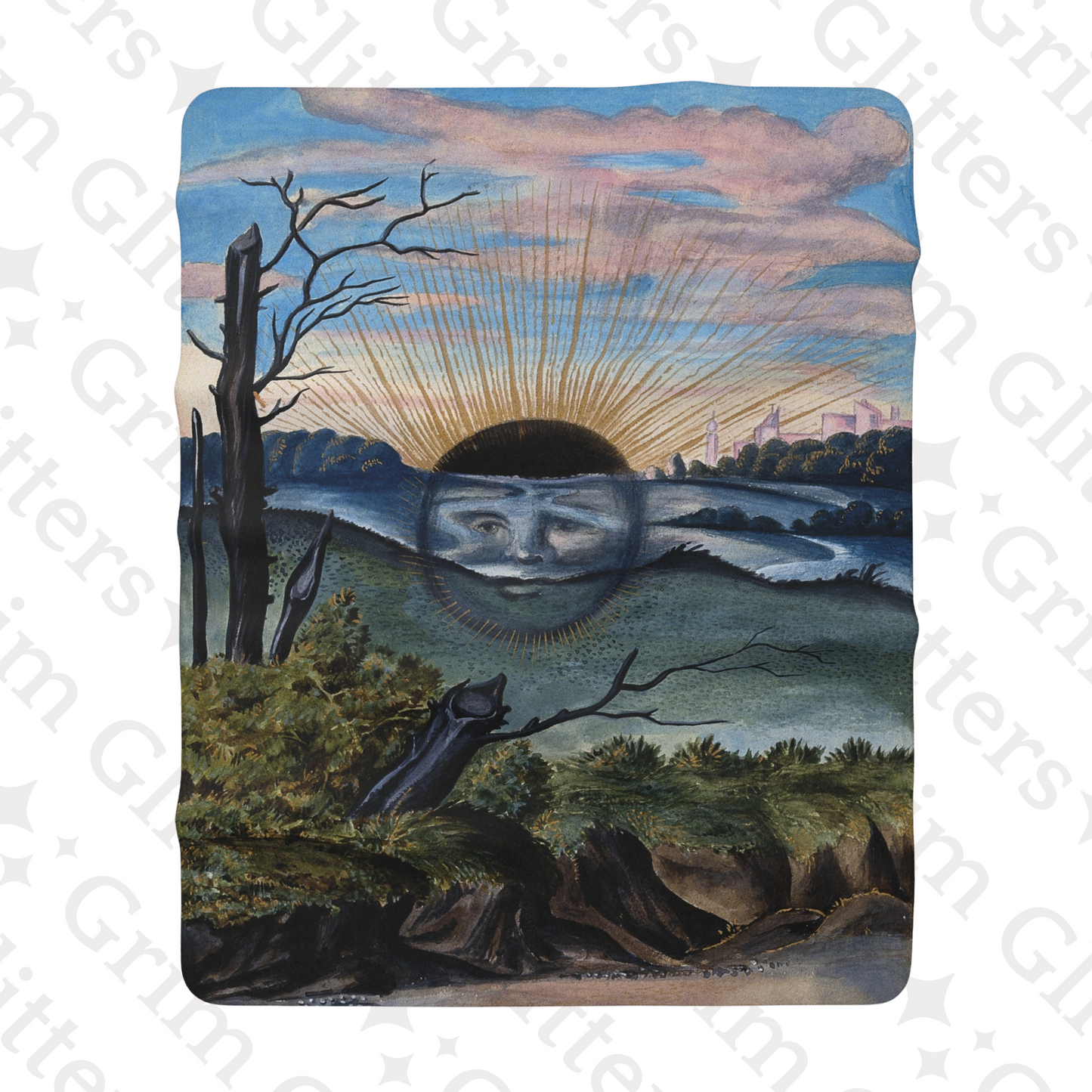 Wrap yourself in the mystique of medieval art with the Splendor Solis Sherpa Fleece Blanket from Grim Glitters. Featuring the "A Black Sun Descends" design.