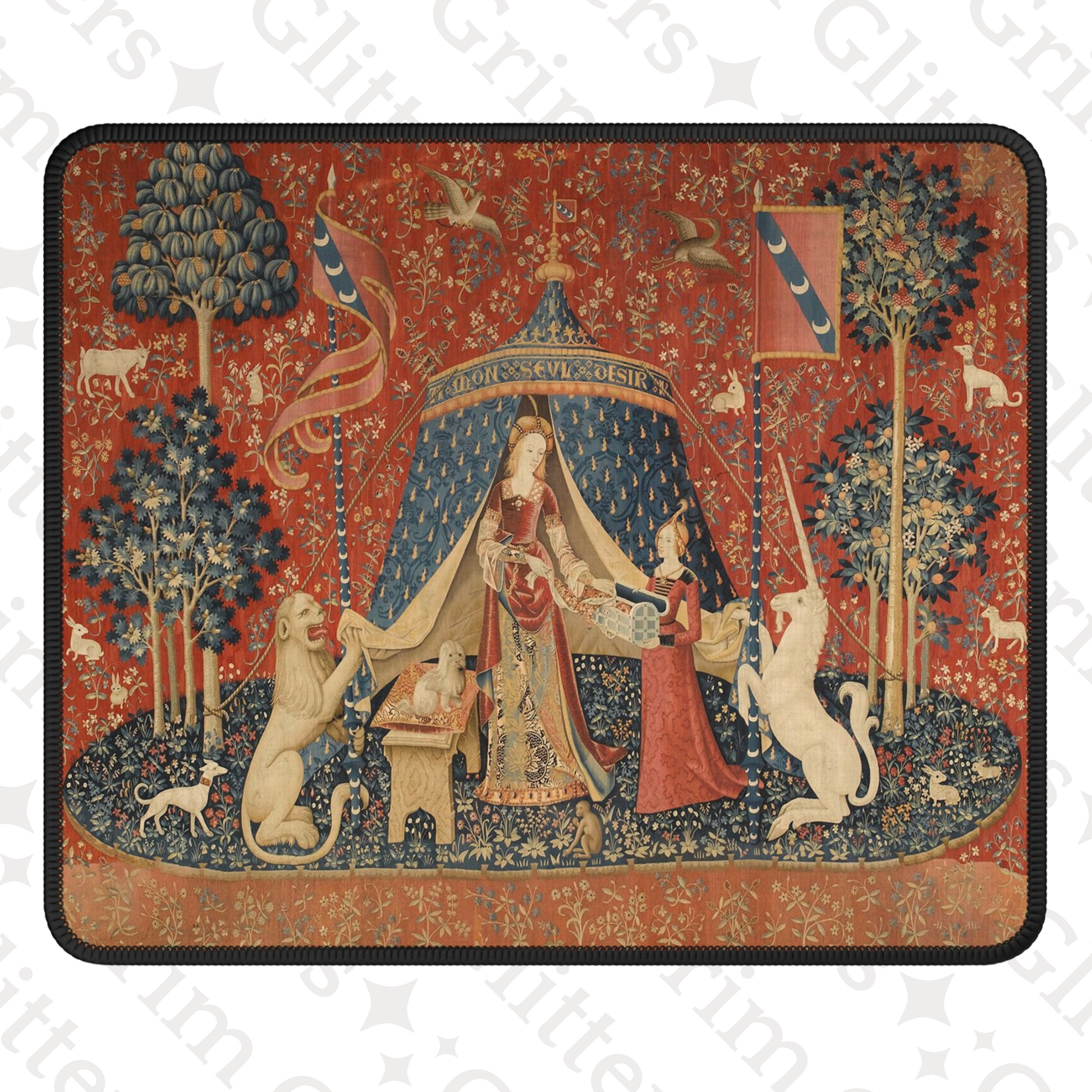 Enhance your gaming experience with the enchanting Lady and the Unicorn (Desire) Gaming Mouse Pad from Grim Glitters. Featuring the iconic medieval tapestry, this mouse pad combines historical charm with modern functionality, adding a touch of elegance to