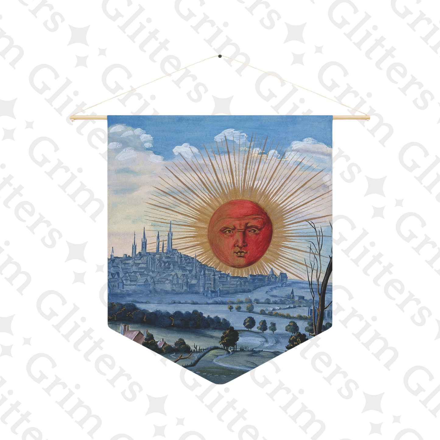 Step into the mystical world of alchemy with the Splendor Solis Pennant Banner from Grim Glitters. Featuring the captivating scene of a red sun rising from the iconic Splendor Solis manuscript, this banner adds a touch of enchantment to any space. Perfect