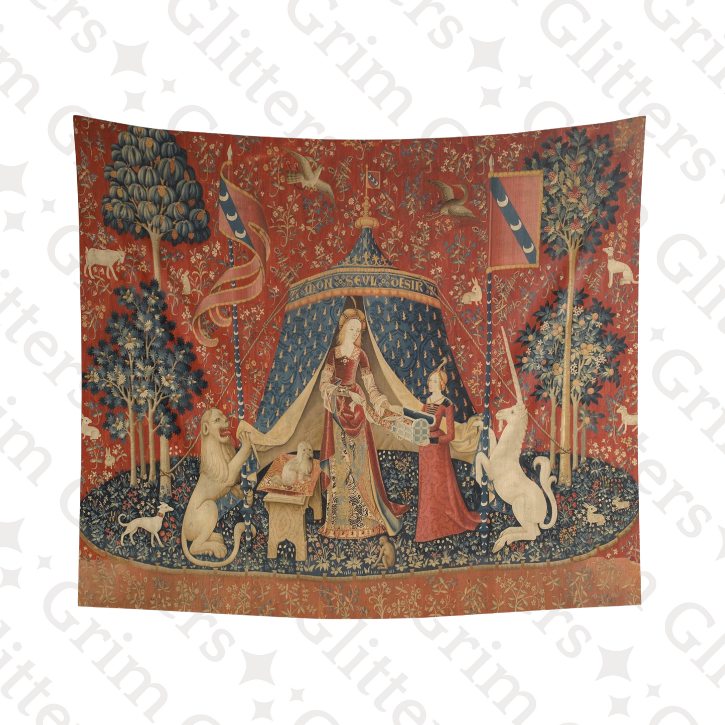 Step into medieval artistry with the Unicorn Tapestry (Desire). This tapestry adds enchantment and charm to any space with vibrant colors and quality fabric.