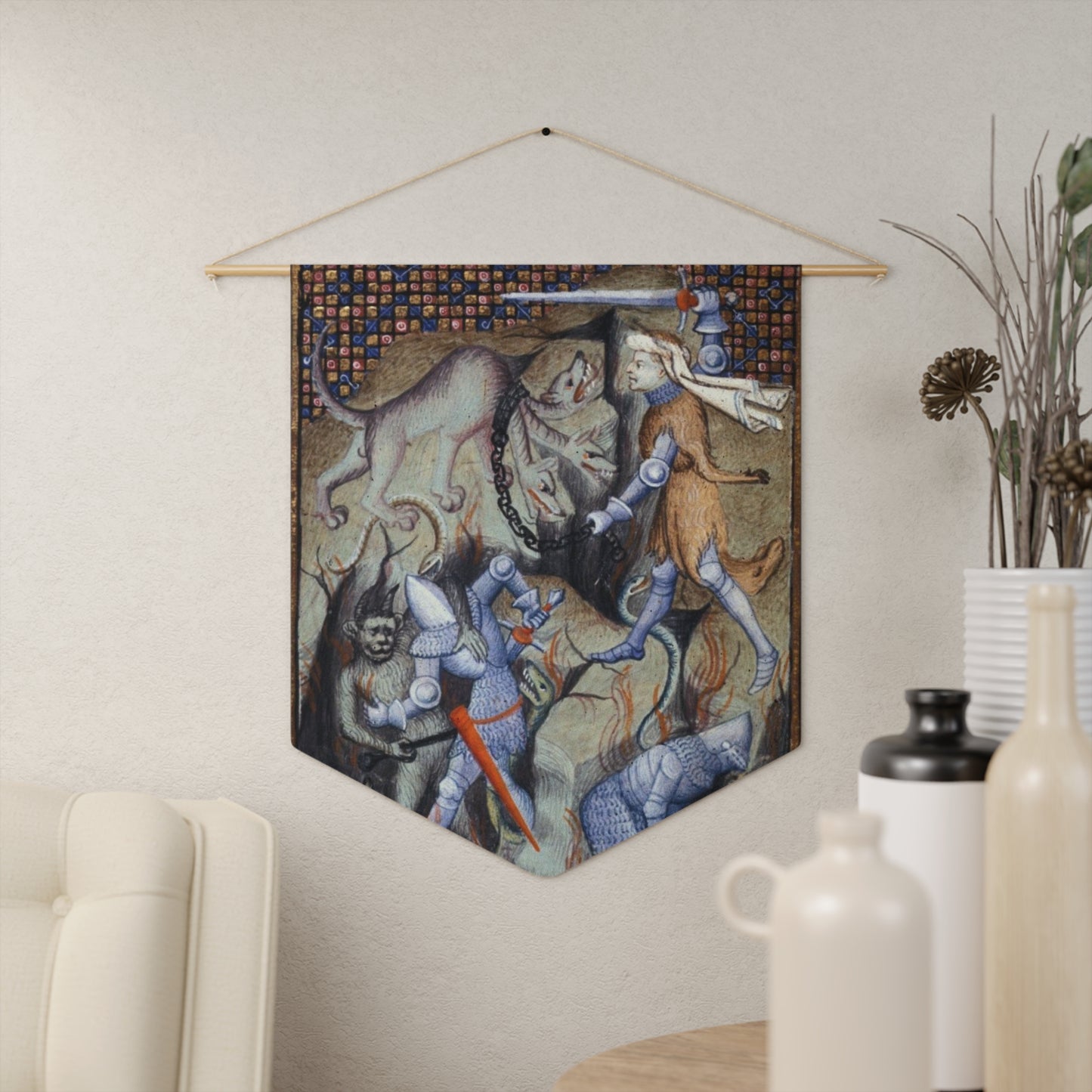 Hercules slaying Cerberus, and Theseus and Pirithous battling demons Pennant Banner - Book of the Queen Manuscript - Medieval French Art