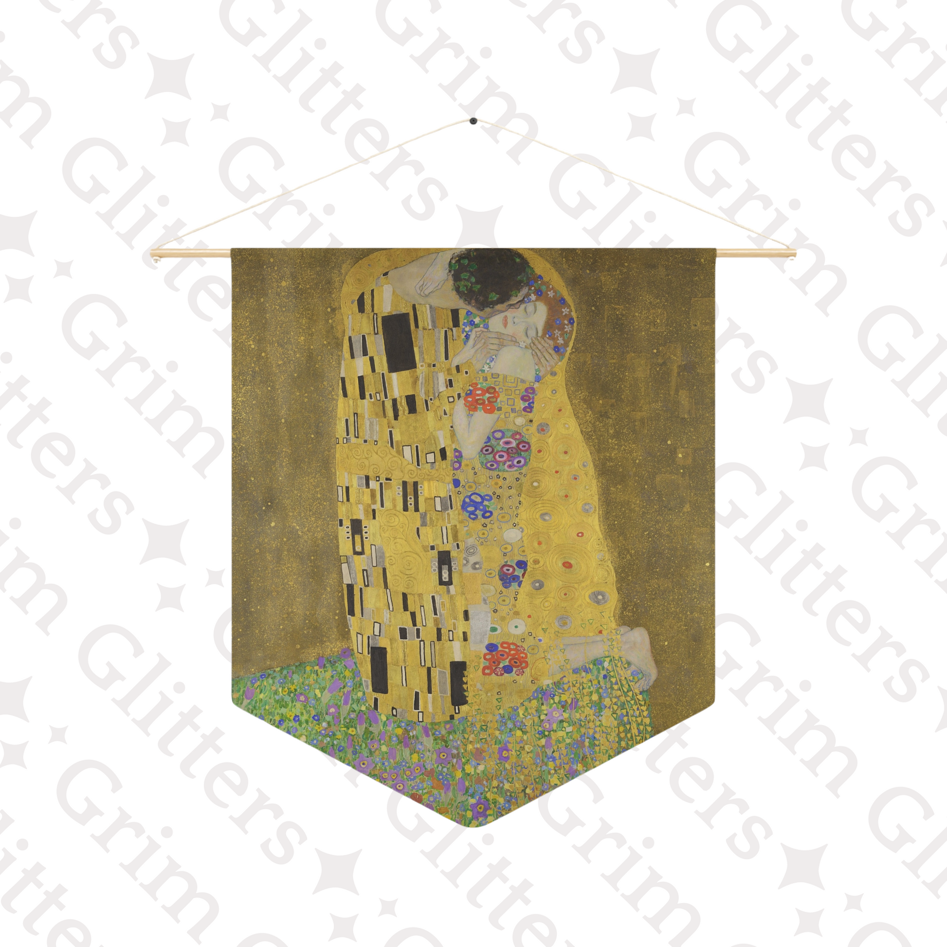 Embrace the timeless allure of Gustav Klimt's "The Kiss" with this stunning pennant banner from Grim Glitters.