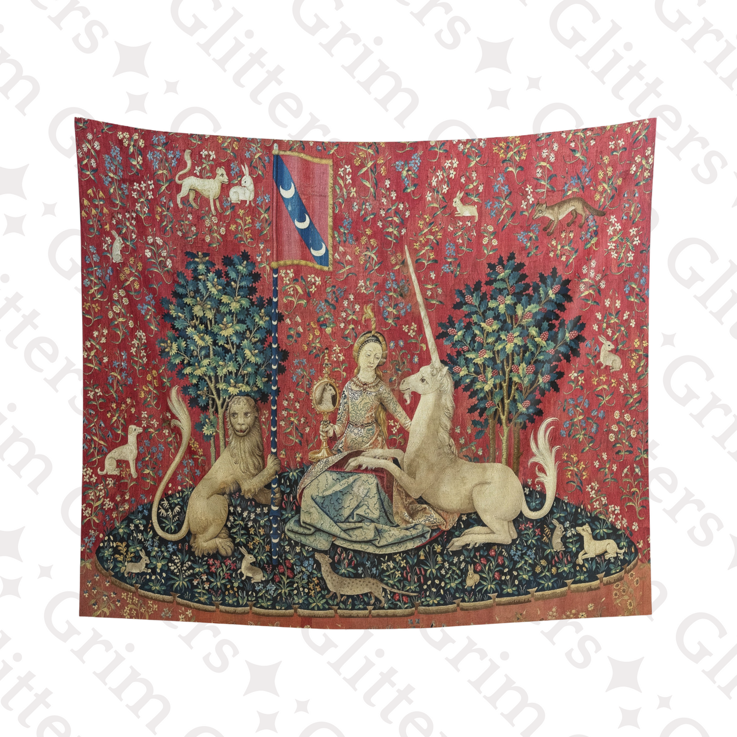 Enchant your home with The Lady and the Unicorn (Sight) Tapestry. This high-quality reproduction adds a magical and historical charm, perfect for any space.