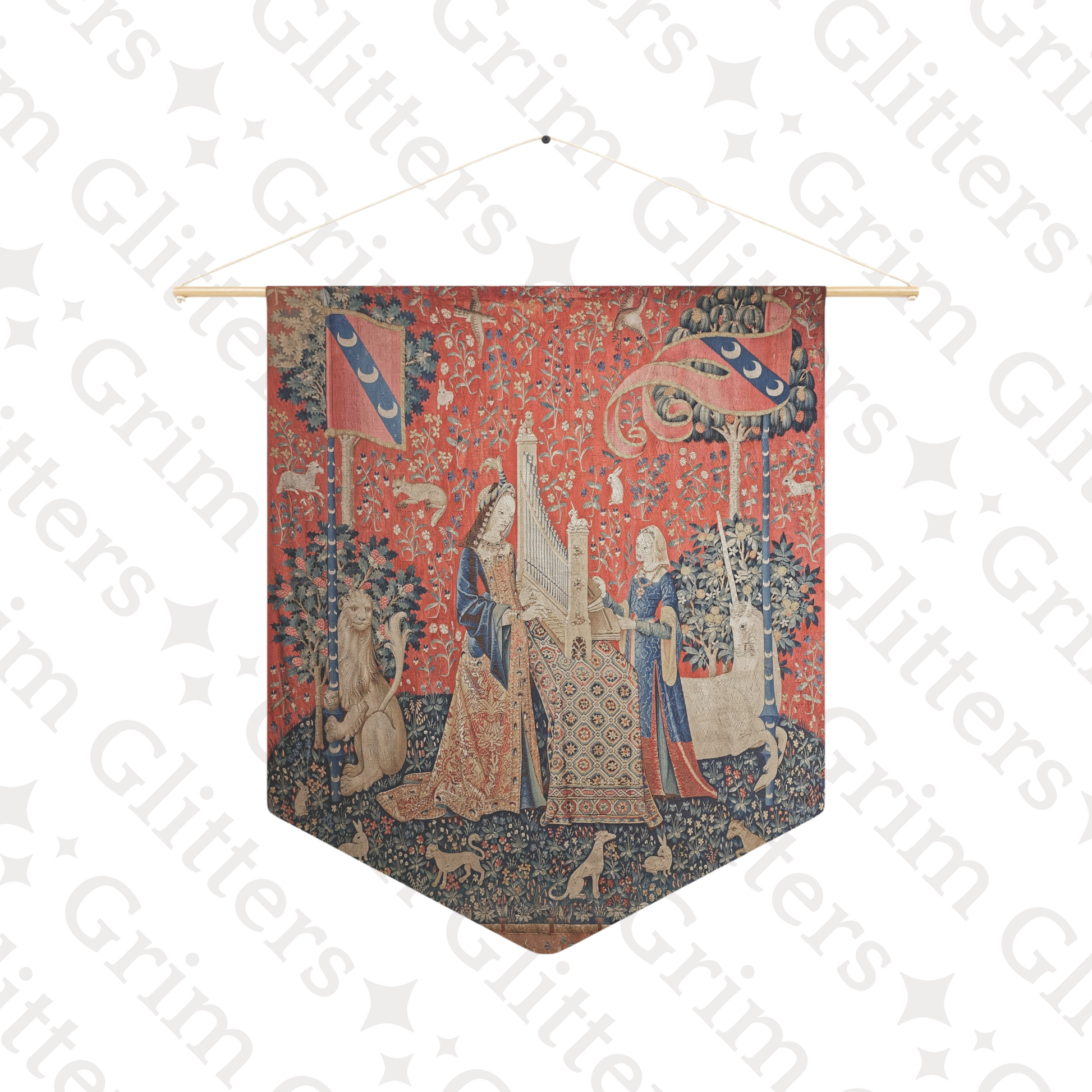 Step into the world of medieval art with The Lady and the Unicorn (Hearing) Pennant Banner from Grim Glitters. Inspired by the iconic Unicorn Tapestries.