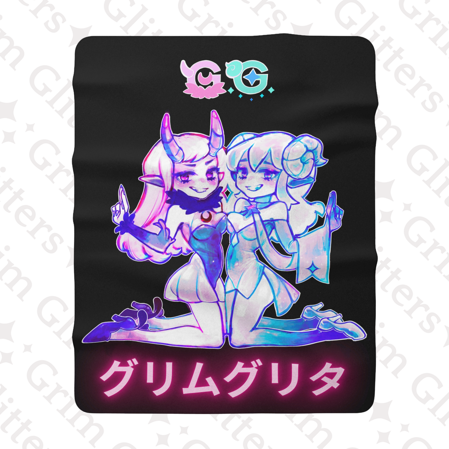 Sink into the warmth of the Grim and Glitter Sherpa Fleece Blanket. Featuring Lunar demon witch Grim and Astral dream caller Glitta.