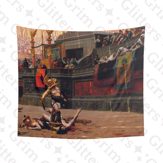 Immerse yourself in ancient Rome with the Roman Gladiator Tapestry from Grim Glitters. Inspired by Jean-Leon Gerome's "Pollice Verso" (Thumbs Down).