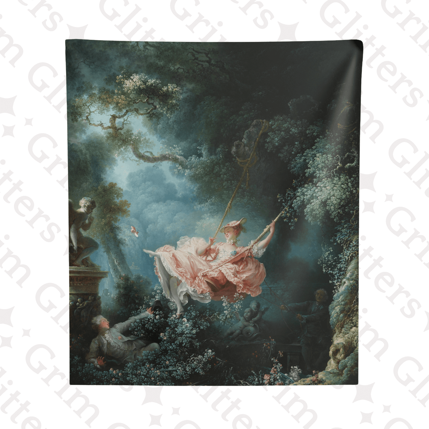 Add elegance to your home with The Swing Tapestry by Jean-Honore Fragonard from Grim Glitters. This Rococo masterpiece captures a playful, romantic scene.