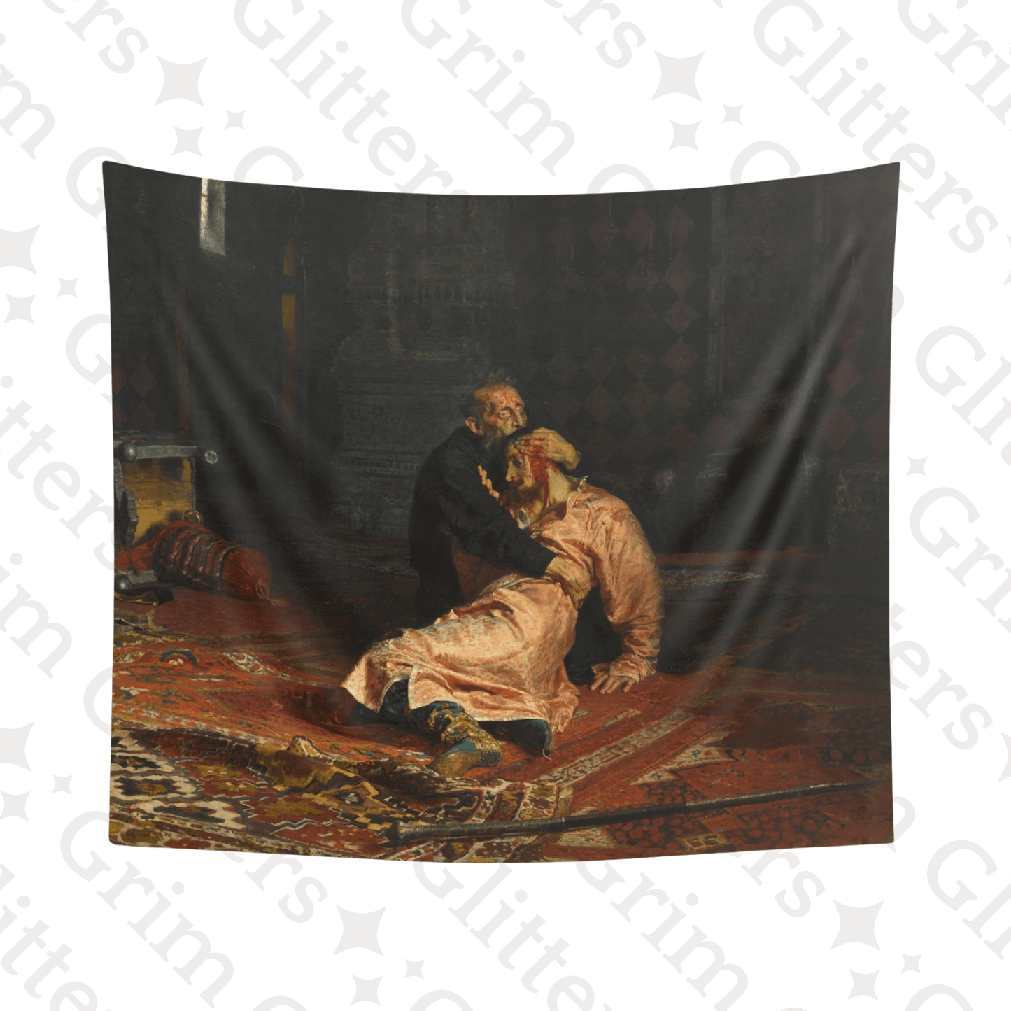 Immerse yourself in Russian history with the Ivan the Terrible and His Son Ivan Tapestry from Grim Glitters. Inspired by Ilya Repin's powerful painting,