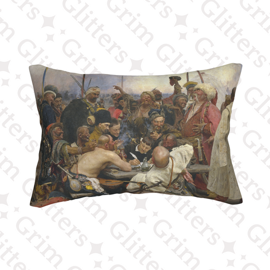 "Reply of the Zaporozhian Cossacks Lumbar Pillow featuring Ilya Repin's famous painting, adding historical charm to your decor"