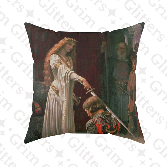 Accolade Square Pillow featuring Edmund Blair Leighton's knighting ceremony painting, perfect for adding medieval elegance to your home decor.