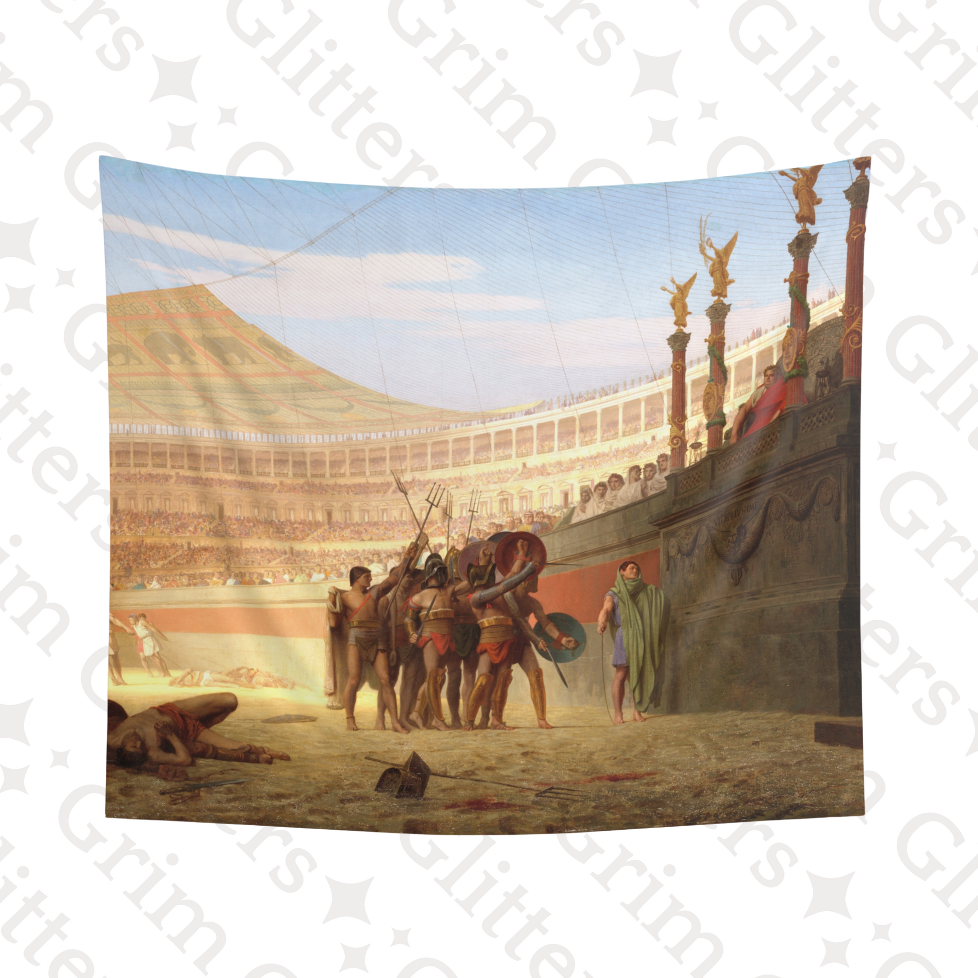 Step into ancient Rome with the Roman Gladiator Tapestry from Grim Glitters. Featuring Jean-Leon Gerome's iconic artwork.