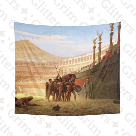 Step into ancient Rome with the Roman Gladiator Tapestry from Grim Glitters. Featuring Jean-Leon Gerome's iconic artwork.