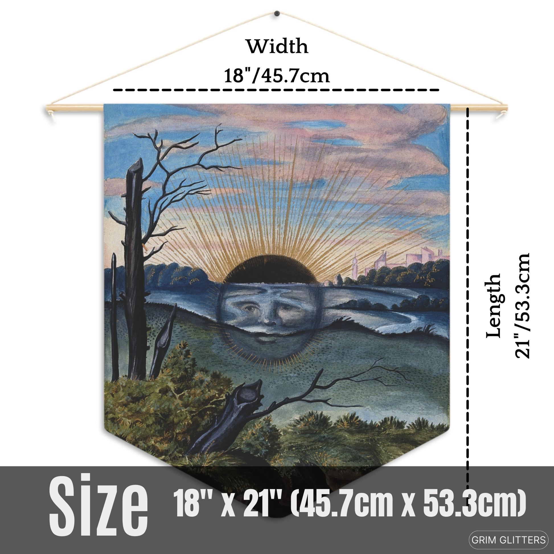 Add a touch of mysticism to your decor with the Splendor Solis Pennant Banner from Grim Glitters. Featuring the captivating scene of a black sun descending from the iconic Splendor Solis manuscript, this banner is perfect for those interested in alchemy a