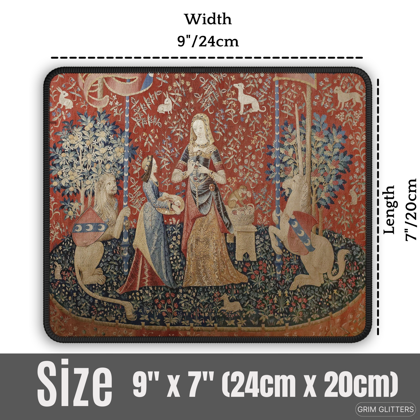 Enhance your gaming experience with the Lady and the Unicorn (Smell) Gaming Mouse Pad from Grim Glitters. Inspired by the iconic medieval tapestry, this mouse pad combines historical charm with modern functionality for a magical addition to any desk.